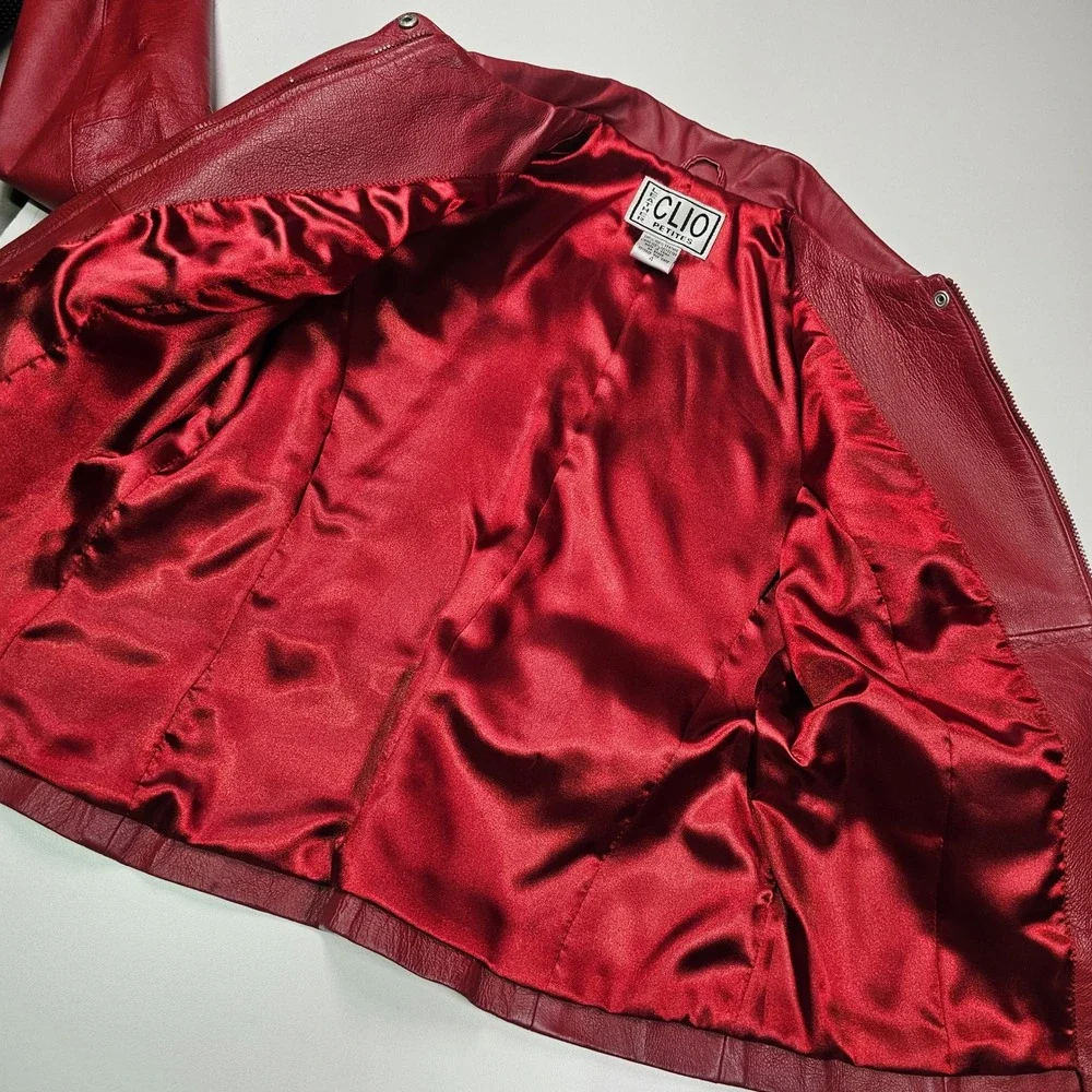 Clio Vintage 90s Petites Leather Full Zip Blazer‎ Jacket Burgundy Red Womens 4 P